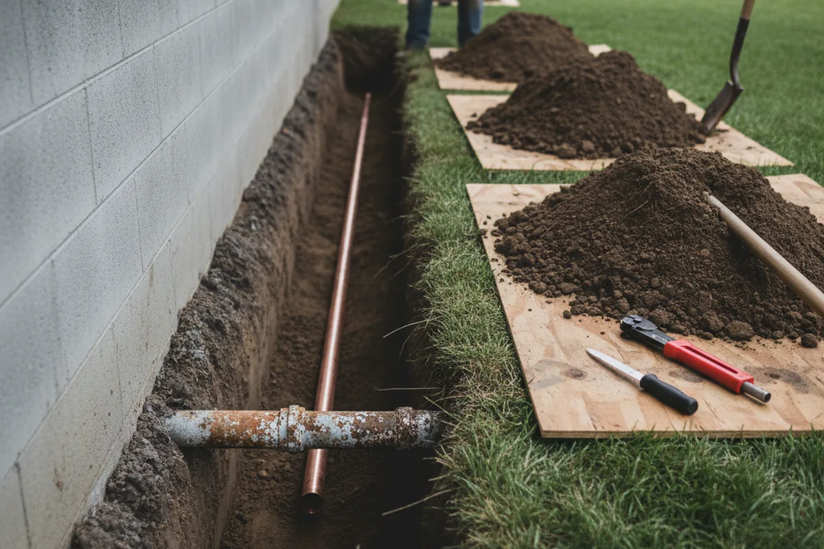 Excavated water line trench during Water Softener Installation in Larchmont